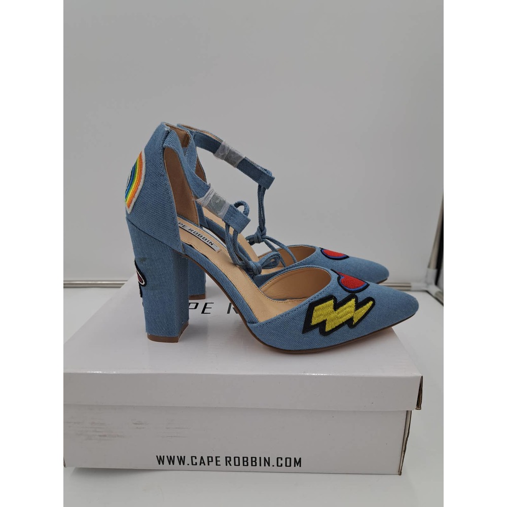 READ Cape Robbin Boho Western Denim Patches block high heel pointy toe Shoes 8.5